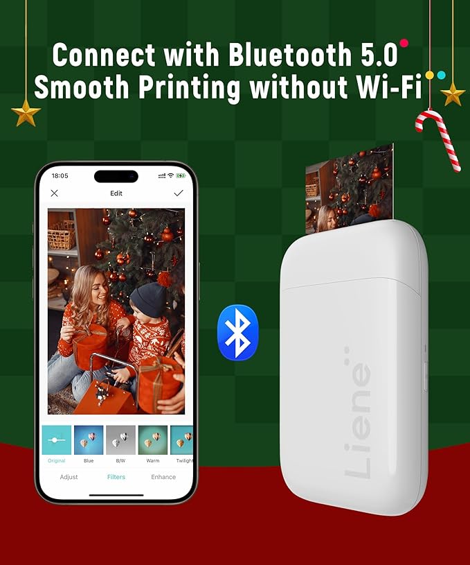 Liene 2x3” Photo Printer, Mini Instant Portable Color Mono Picture Printer Bundle 50 Zink Adhesive Paper, Bluetooth 5.0, Compatible w/iOS & Android, Small Phone Sticker for iPhone, Smartphone, White