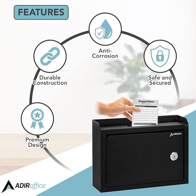 Adir Suggestion Box with Slot and Lock - Drop Box with Lock, Cash Dropbox - 9.8x7.5x3.4 Inches Wall Mount Donation Box - Metal Deposit Box in Black