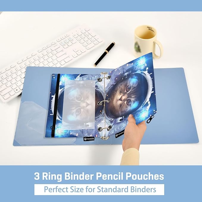Astronaut Cat Space Pencil Pouch for 3 Ring Binder, 2 Pack Waterproof Pencil Bags Clear Window Zipper School Office Supplies