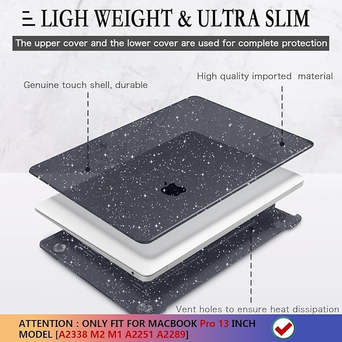 CISSOOK Black Glitter Case for MacBook Pro 13 Inch 2025-2020 Release Model A2338 A2251 A2289 with Touch Bar, Bling Hard Shell Cover Keyboard Skin for MacBook Pro 13 M1 M2 Sparkly