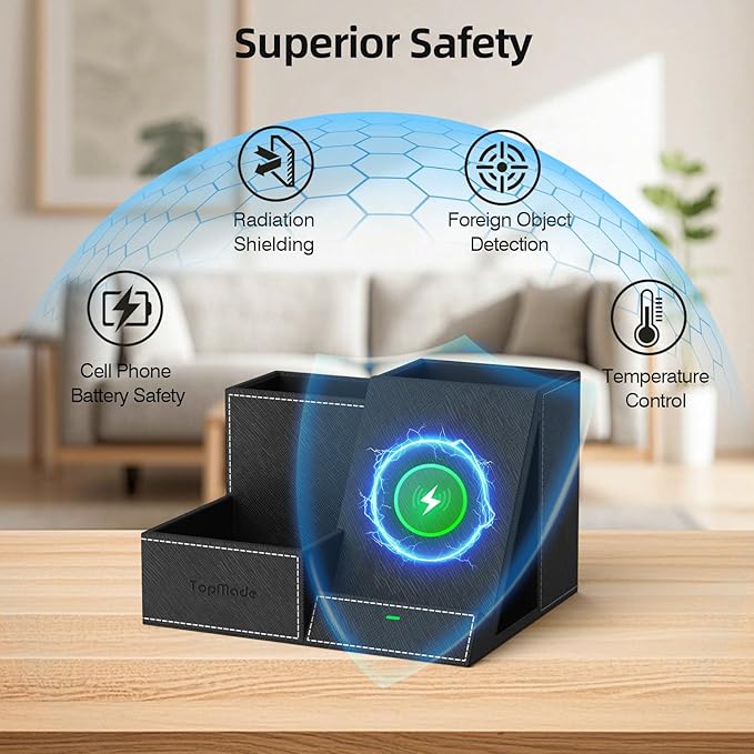 TopMade Wireless Charger with Desk Nightstand Organizer, PU Leather Pen Pencil Holder Fast Charging Station, Office Supplies for Iphone Charging Stand, Anniversary Birthday Gifts for Men(Black)