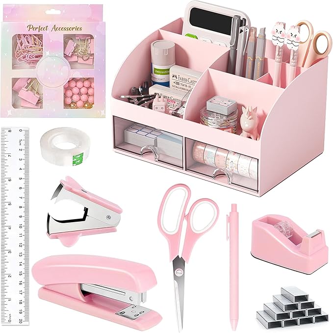 Pink Desk Accessories with Pen Holder, Pink Office Supplies Desk Organizers and Accessories for women, Tape Dispenser, Stapler, Staple Remover, Staples, Clips Set, Ruler, Scissor, Pen, Tape