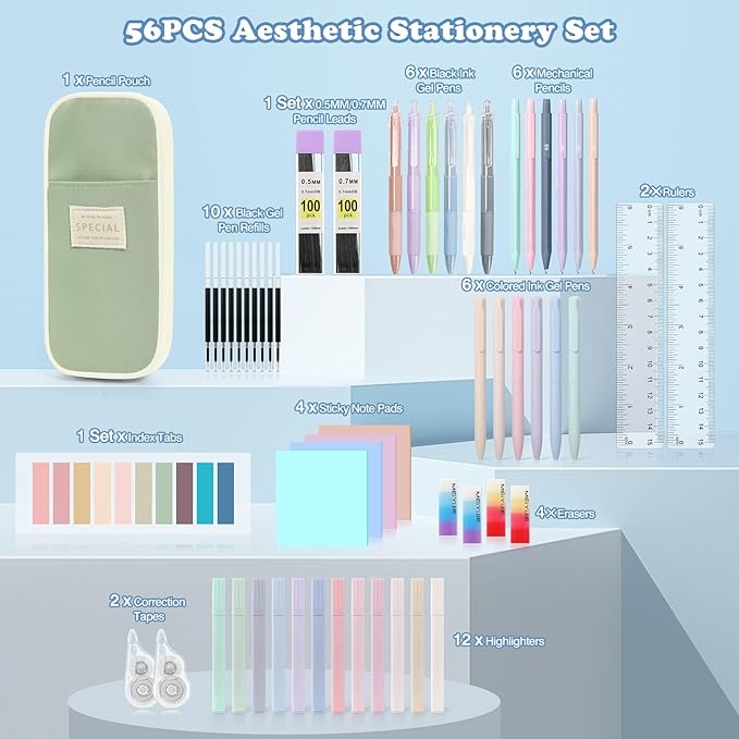MoKo 56 PCS Aesthetic School Supplies with Pencil Pouch, Cute Stationery Set for Students Office, 12 Gel Pens, 12 Pastel Highlighters, 6 Mechanical Pencils 0.5 & 0.7mm, Sticky Note Index Tab (Green)
