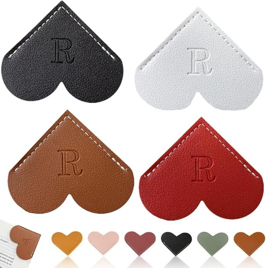 Personalized Leather Heart Bookmark, 26 Letters Customized Corner Book Mark for Reading, Book Holder Markers with Initials Page Book Accessories Cute Gifts (Black+White+Dark Brown+red,R)