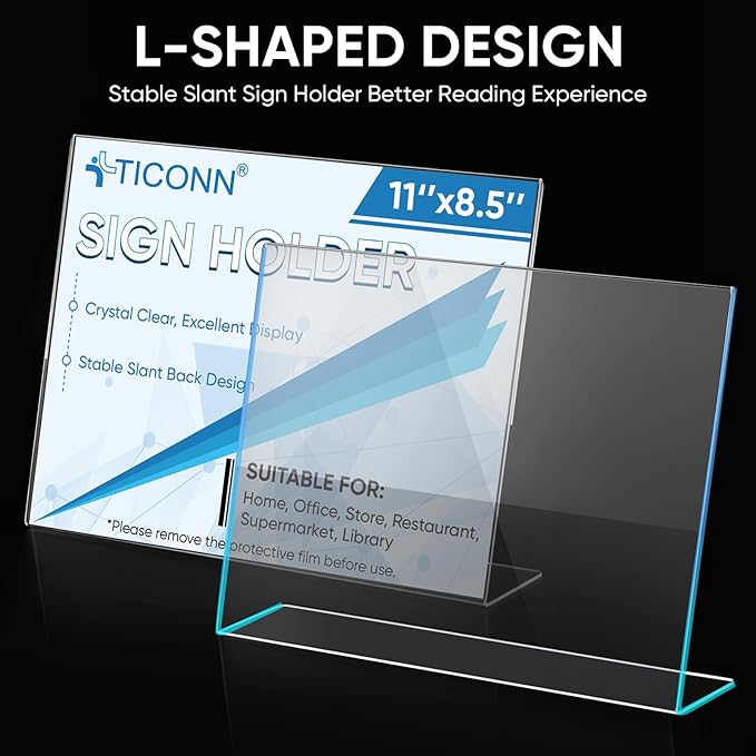 TICONN 11 x 8.5 Acrylic Sign Holder, L Shape Clear Sign Stand for Displaying, Plastic Paper Holder for Office, Store, Restaurant (Horizontal 12 Pack)