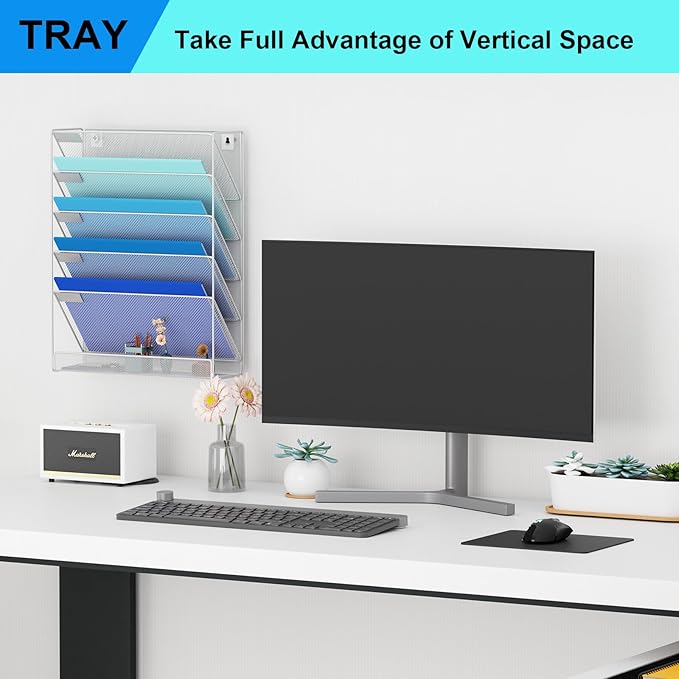 Wall File Organizer Holder Mesh Hanging Paper Document Holder, Vertical 6 Pocket Tier for Office Home, Silver
