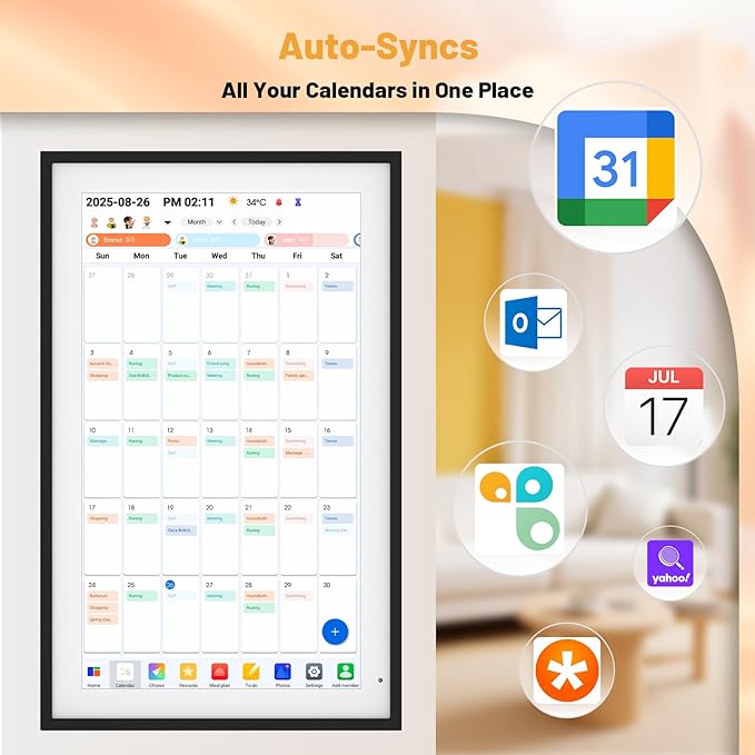 Digital Calendar 15.6" Smart Calendar&Chore Chart, 1920*1080 Interactive Touchscreen Electronic Calendar for Family Schedules, 64GB Wifi Meal Planner, Wall&Desk Mountable, 2025 Calendar-Black