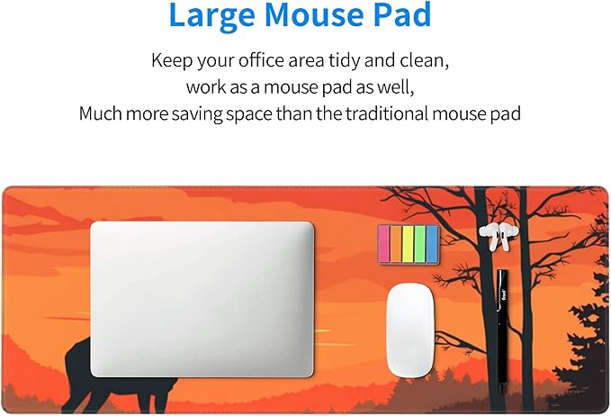 Large Size Sunset with a Silhouetted stag Print Gaming Mouse Pad 31.5 x 12 Inch, Stitched Edges, Anti-Slip Base, Waterproof Surface