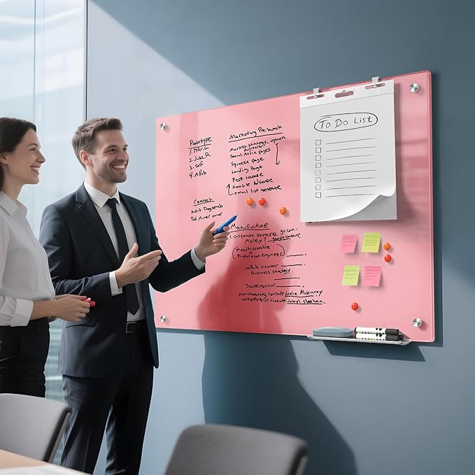 MaxGear Glass White Board 36x24, Pink Wall Mounted Magnetic Glass Dry Erase Board, Large Frameless Whiteboard with 1 Eraser,3 Markers and 6 Magnets for Office, School, Home