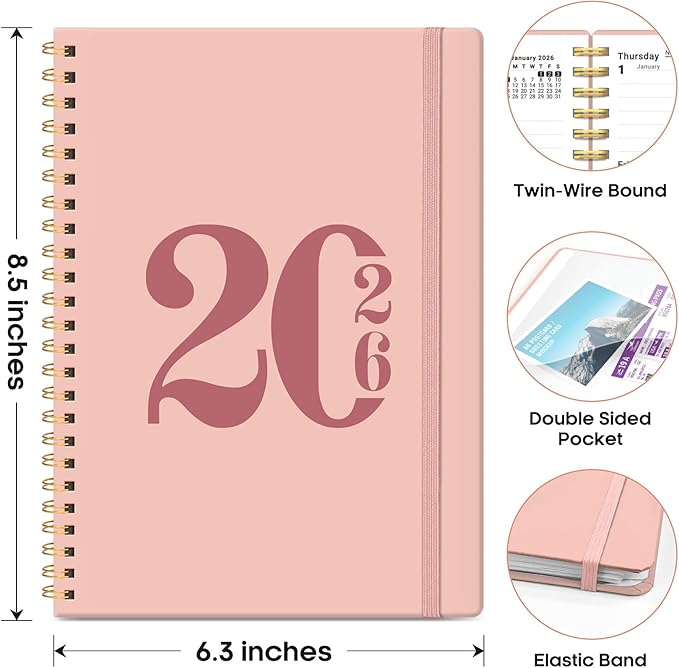 2026 Planner, Weekly and Monthly Calender Planner, Jan 2026 to Dec 2026, Hardcover 2026 Calendar Planner Book with Tabs & Inner Pocket, Office Home School Supplies for Women & Men - A5 (6.3" x 8.5"), Pink