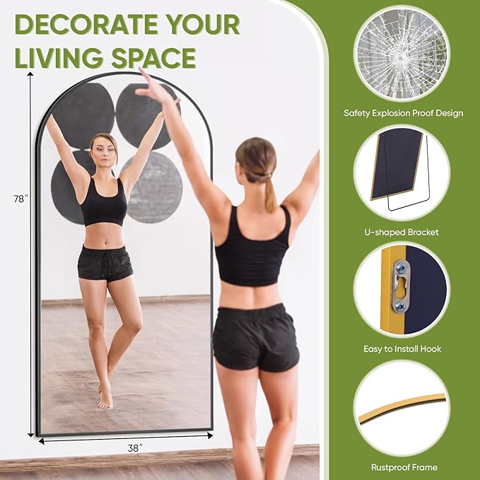 Full-Length Floor Mirror with Stand, 78"x38" Arched Style Full Body Standing Mirror for Bedroom, Living Room, Gym, Dorm - Shatter-Resistant & Easy Assembly, Black