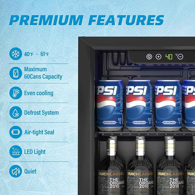 Compact Beverage Refrigerator,60 Can/1.3 Cubic Feet Mini Fridge with Glass Door for Soda, Beer, or Wine, Under Counter Small Refrigerator with Adjustable Shelves and Digital Display