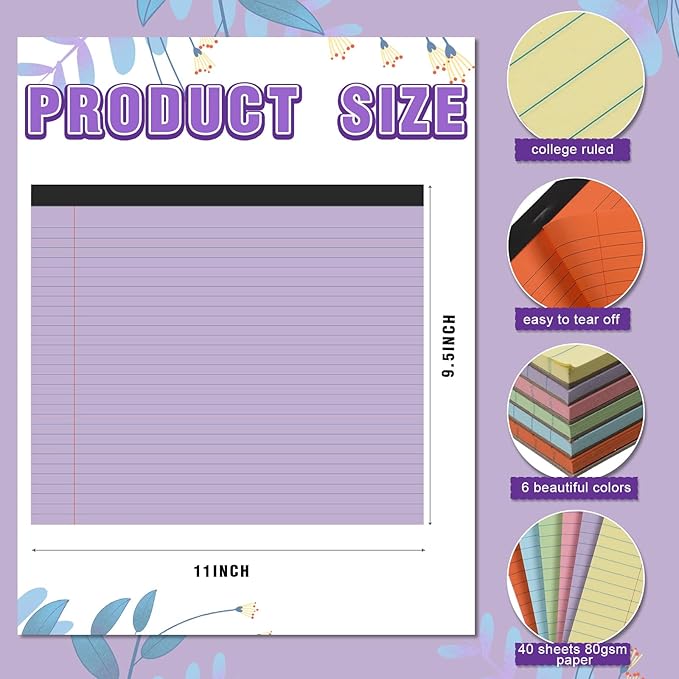 Lincia 6 Pcs 11" x 9.5" Legal Pads College Ruled Notepad Landscape Notebook Horizontal Lined Notebook 80 Gsm Assorted Colors Paper Pastel Writing Pads for School Office, 40 Sheet (Bright Color)