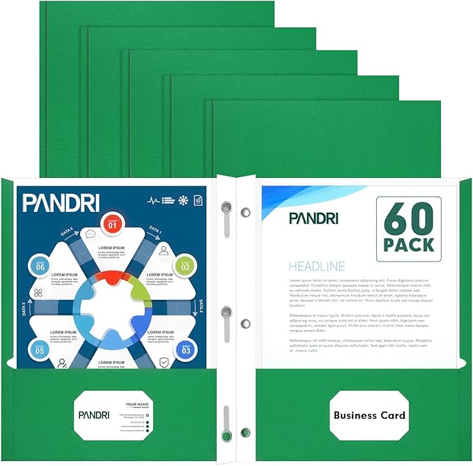 Two Pocket Folders, PANDRI 60 Pack Two Pocket Folders with Prongs, 3 Prong Folders Designed for Office and Classroom, Letter Size Green