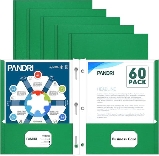 Two Pocket Folders, PANDRI 60 Pack Two Pocket Folders with Prongs, 3 Prong Folders Designed for Office and Classroom, Letter Size Green