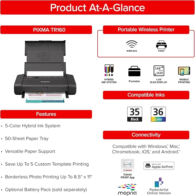 Canon PIXMA TR160 Wireless Portable Printer, 50-Sheet Paper Tray and 1.44" Display