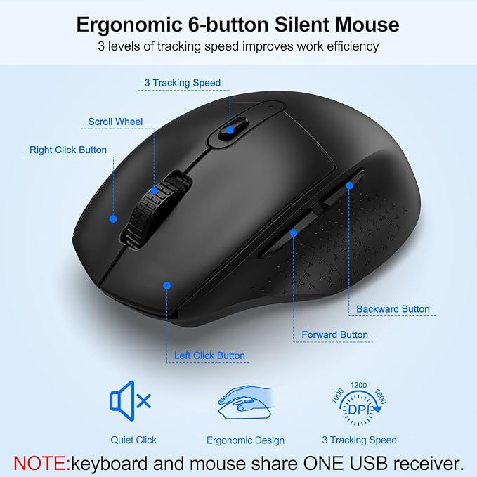 Wireless Keyboard and Mouse Combo with Palm Rest, Phone Holder, Full-Size Quiet Wireless Ergonomic Keyboard and Mouse, Comfortable Natural Typing Compatible for Windows, Laptop, Mac, PC