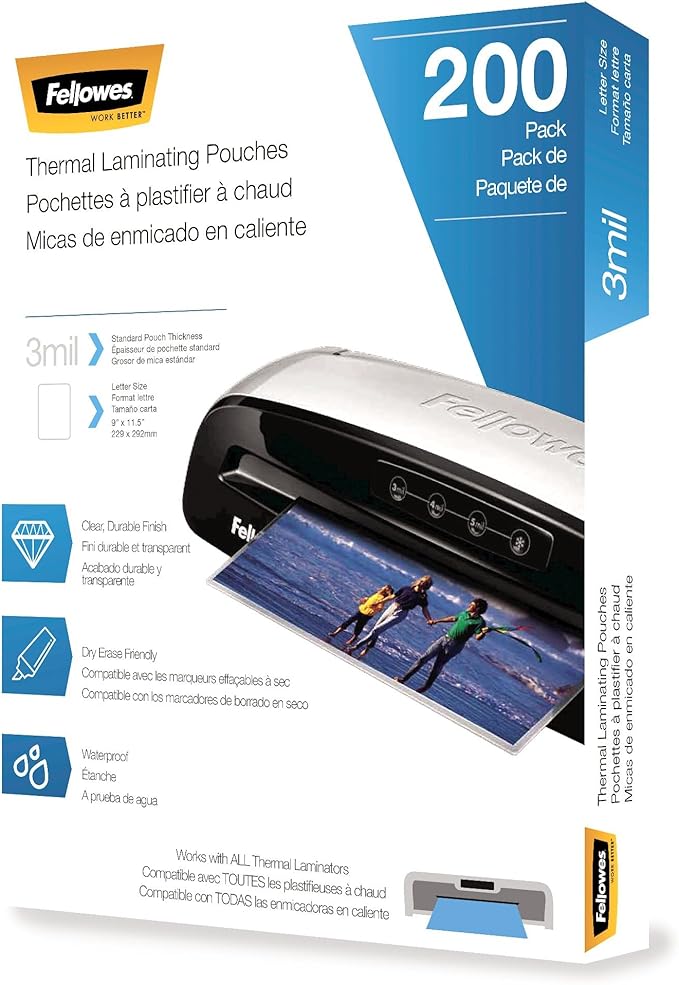 Fellowes Thermal Laminating Sheets, 3mil Letter Size Pouches, 9 x 11.5, 200 Pack, Clear (5743401)
