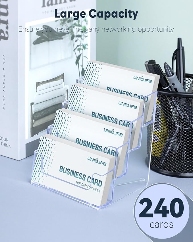 Uniclife 4 Pack Acrylic Business Card Holder for Desk 4 Slots Clear Business Card Display Stand for Men & Women Desktop Business Card Organizer Card Stand for Office Home Exhibition, 240 Card Capacity