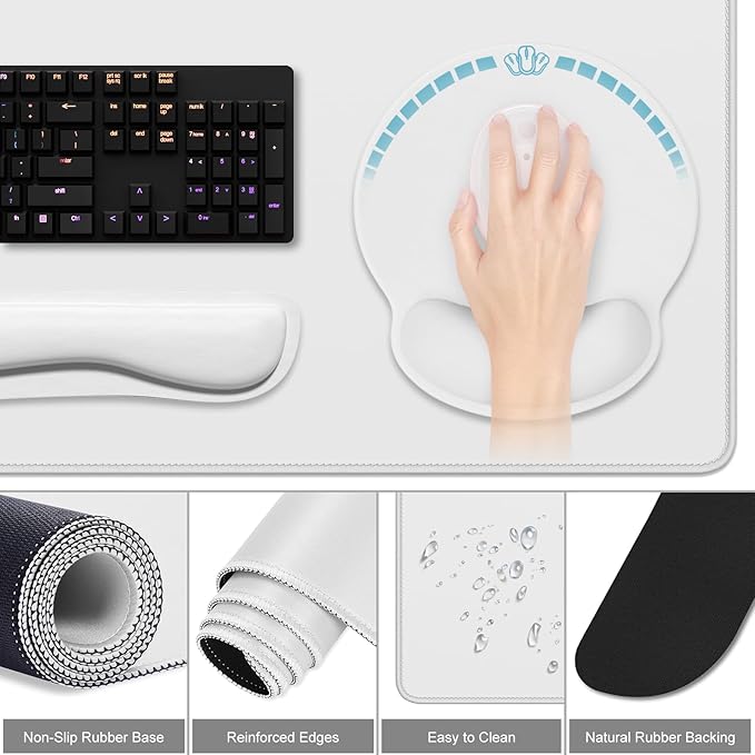 Dapesuom Large Gaming Mouse Pad, Mouse Pads with Wrist Rest Wrist Support, 4in1 Big XXL Desk Mat Desk Pad + Ergonomic Mousepad + Memory Foam Keyboard Mat Wrist Rest + Coaster Set for Computer, Gray