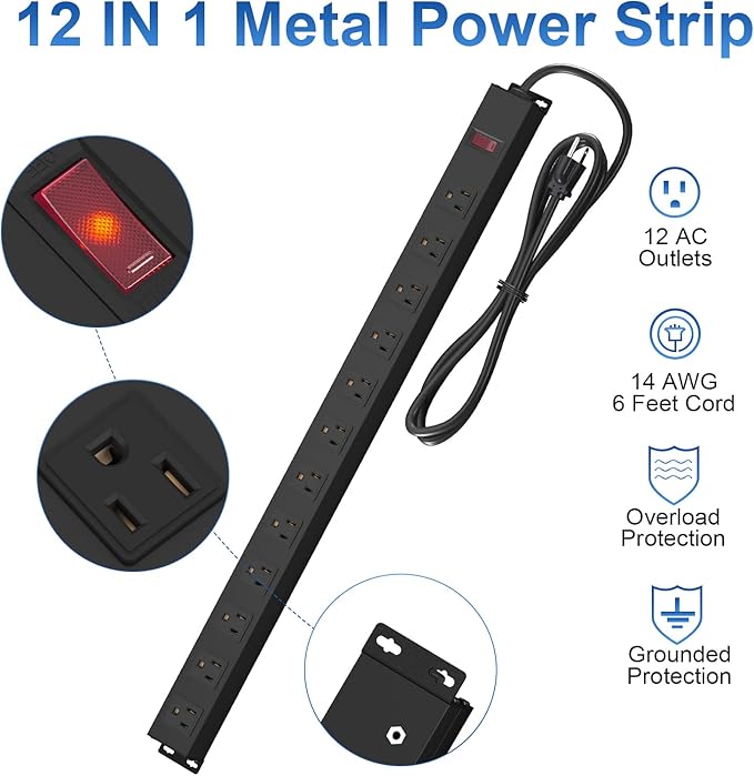 12 Outlet Long Power Strip with 15A Circuit Breaker,Black Wall Mount Heavy Duty Power Strip with 6FT/14AWG/15A/125V Extension Cord for Industrial,Garge,Office,Home and School,Black(6FT)