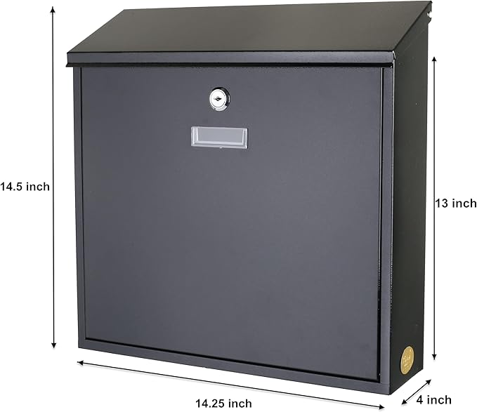 Metal Mailbox Steel office comment Suggestion ballot Box Secure Box With top special Wide Slot for envelopes Wall Mount with pre drilled holes Drop Box for Home and Office 14.3H x 14.6W x 3.75D(Black)
