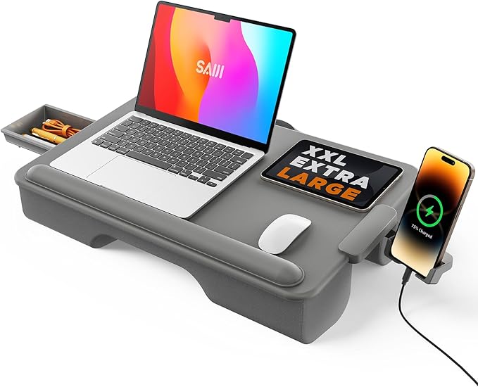 SAIJI Lap Desk with Cushion, Computer Laptop Stand, Lap Laptop Table, Built-in Drawer Storage, Phone Holder, Wrist Pad