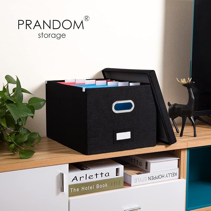 PRANDOM File Organizer Box - Set of 2 Collapsible Decorative Linen Filing Storage Hanging File Folders with Lids Office Cabinet Letter/Legal Size Black (17x14x11.2 inch)