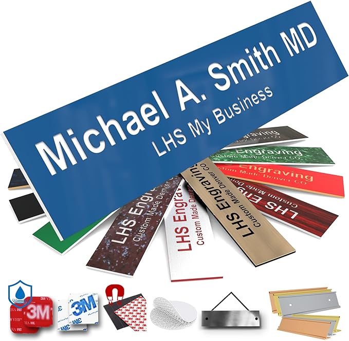 Engraved Name Plates for Door Sign Personalized Blue Plastic Plaque with White Letters - Made in USA 2x6 B9