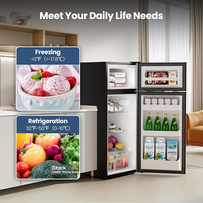 Kismile 4.5 Cu.Ft Mini Fridge with Freezer, Compact Mini Refrigerator with Adjustable Removable Glass Shelves,Small Fridge with 2 Doors for Home,Kitchen,Dorm,Apartmen, Black