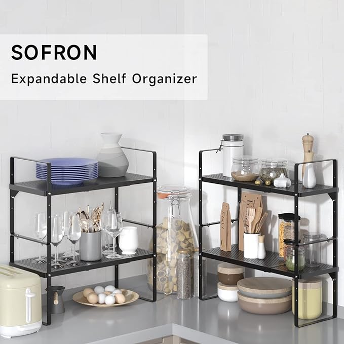 Expandable Cabinet Storage Shelf Stackable Organizer Rack for Kitchen Bathroom Pantry Spice Cupboard Coffee Countertop Home Office Desk Heavy Duty Nonslip Black Large 2 Packs