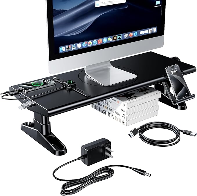 Computer Monitor Stand Riser for Desk with Usb Hub Charging,30W/5Gbps Usb C Docking Station with Power,4.5-6.3''Freely Height Adjustable with Phone Holder,Monitor Stands Riser for PC,Laptop,Printer,TV
