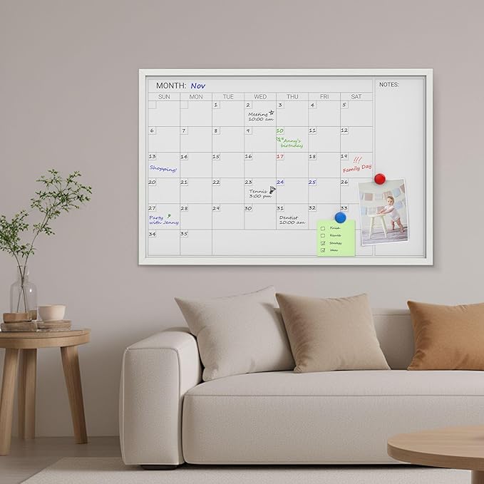 Comix Dry Erase Calendar Whiteboard for Wall,Magnetic Dry Erase White Board with White Wood Frame, 36 * 24 inches Decorative Planner Board for Office, Kitchen, School, Home