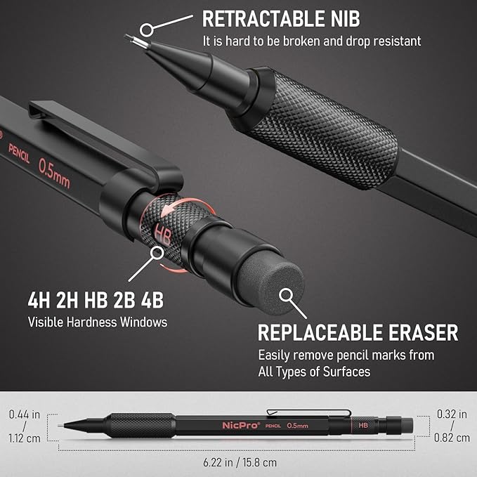 Nicpro Metal Mechanical Pencil Set, 3PCS Art Drafting Pencil 0.5, 0.7, 0.9MM & 2PCS 2MM Mechanical Drawing Pencils with 126 Lead(4B 2B HB 2H 4H Color) Weatherproof Barrel for Writing Sketching Drawing