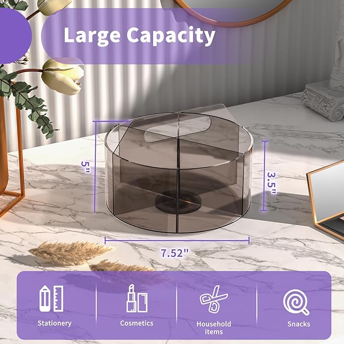 Acrylic Pen Organizer, 360 Degree Rotating Desk Organizer with 6 Compartments Crayon Holder for Office, School, Home, Art Supply, Grey