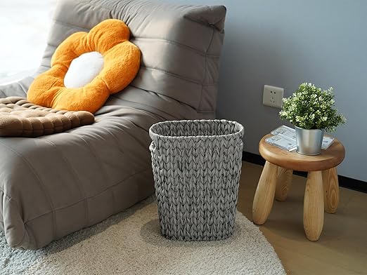 5 Gallon Wicker Trash Can,Wicker Bathroom Trash Can with Handles,Handwoven Waste Basket Waterproof Narrow Small Garbage Can for Bedroom,Bathroom,Office,Grey/20 Liters