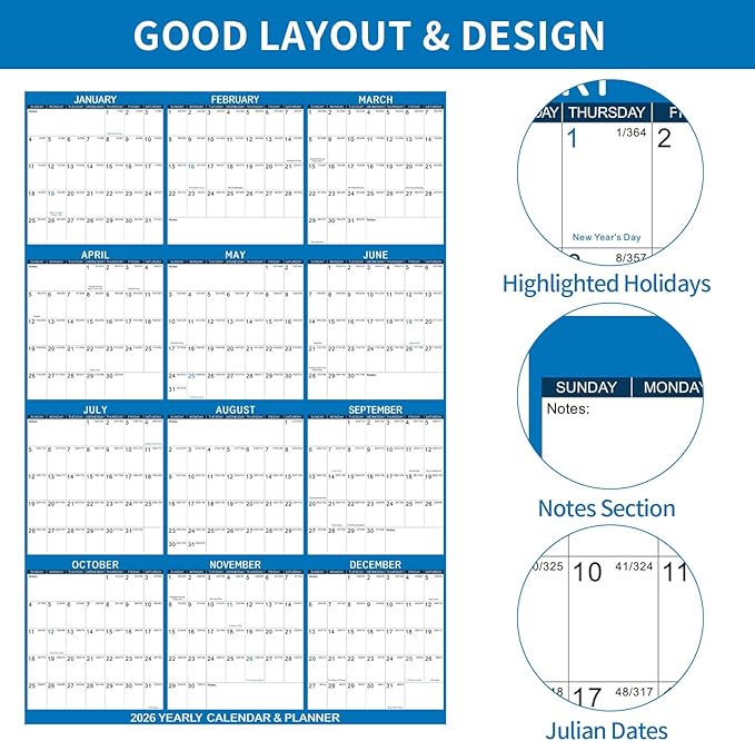 2026 Wall Calendar 24" x 36" Dry Erase Calendar for Wall from January 2026 to December 2026 12 Month Annual Large Yearly Wall Planner for Office School(Blue)