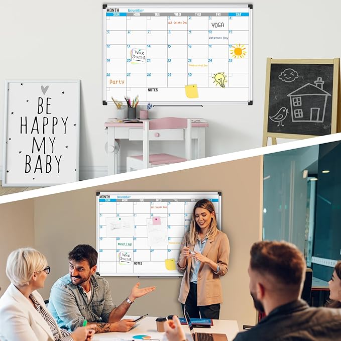 XBoard Magnetic Calendar Whiteboard 48" x 36" - Monthly Calendar Dry Erase Board, White Board + Colorful Calendar Board, Silver Aluminium Framed Monthly Planning Board