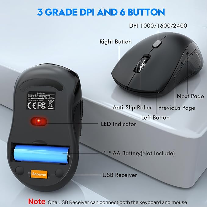 Wireless Keyboard and Mouse Combo, E-YOOSO 2.4GHz Full Sized Ergonomic Wireless Keyboard with Wrist Rest, 3 DPI Adjustable and 6 Buttons Cordless USB Mouse for Computer, Laptop, PC, Windows (Black)