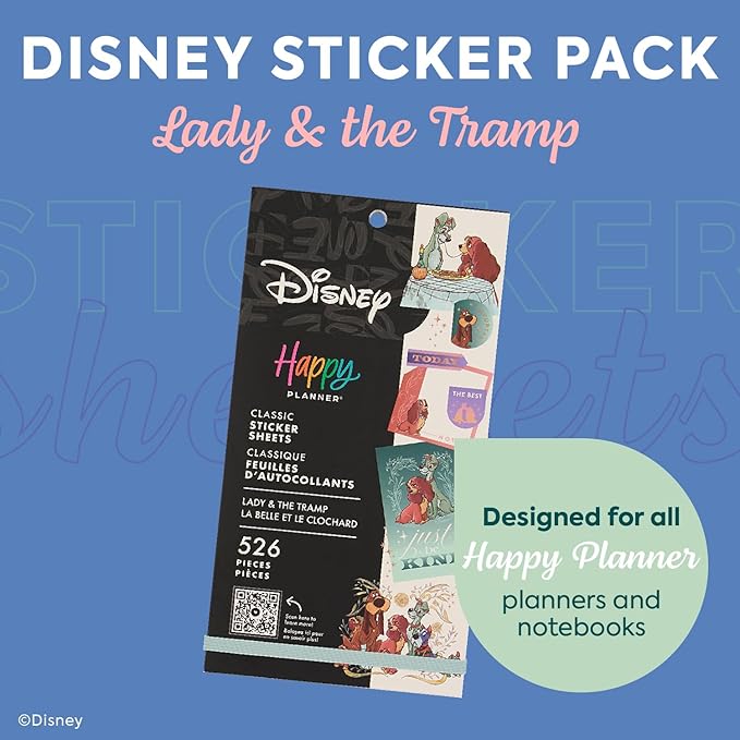 Happy Planner Disney 30-Sheet Easy-Peel Sticker Pack for Calendars and Journals, Lady and The Tramp