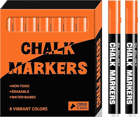 SILENART Chalk Markers - Vibrant 8 Pack - Dry Erase Markers Pen - Liquid Chalk Markers for Blackboard Chalk Board Windows Glass Acrylic Calendar Board - Erasable Chalk Marker (Orange)