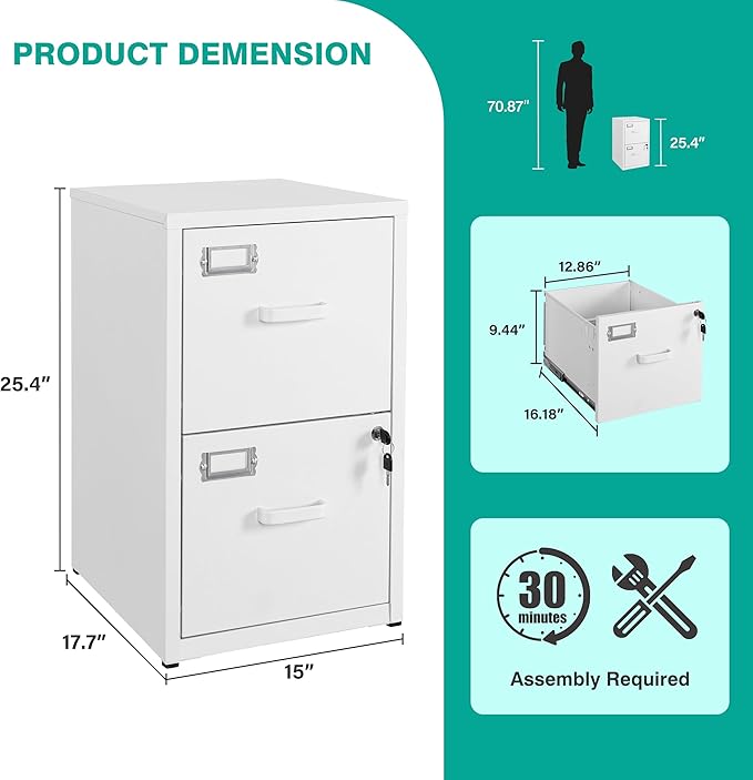 SISESOL 2 Drawer File Cabinet with Lock and Tag,Narrow Two Drawer Filing Cabinet,Vertical Metal File Cabinets,White Small Filing Cabinets for Home Office Fit Letter/A4/Legal Size File,Easy Assembly