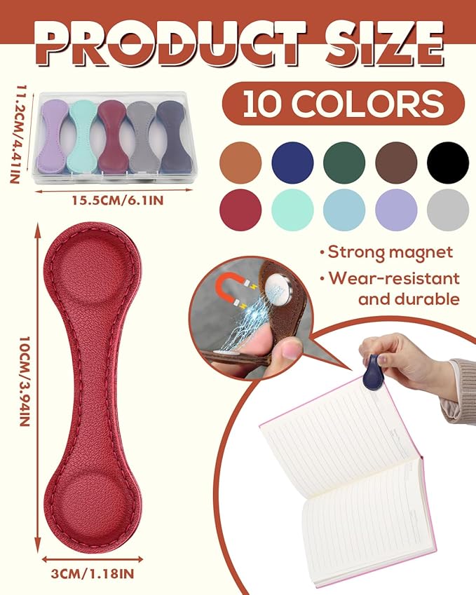 Magnetic Leather Bookmark, 10 Pcs Colorful Leather Magnetic Bookmarks for Women Men, Double-Sided Magnetic Book Mark Clip for Book Lovers, Readers, Teachers, Students