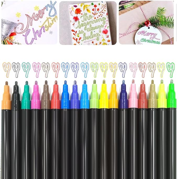 Marker Pen for Highlight, 2026 New Double Line Outline Markers, Metallic Shimmer Glitter Pens Set, Art Supplies for Christmas Greeting Cards, Scrapbook Crafts, Doodling, DIY Art Crafts (18 Colors)