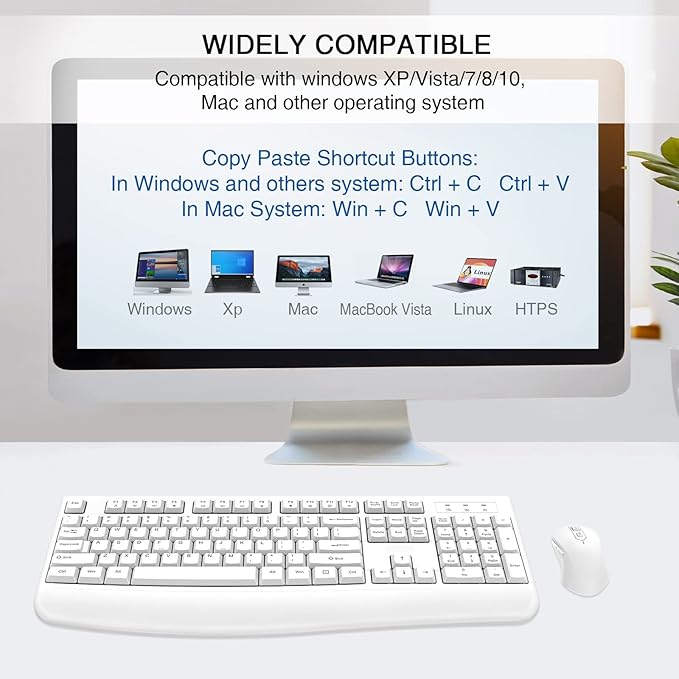 Wireless Keyboard and Mouse Combo, Full-Sized 2.4GHz Wireless Keyboard with Comfortable Palm Rest and Optical Mouse for Windows, Mac OS PC/Desktops/Computer/Laptops (White)