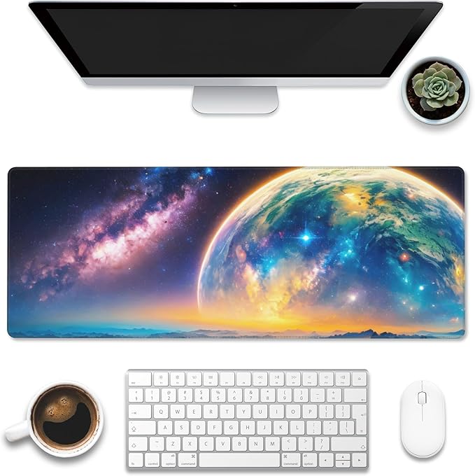 Desk Mat,Galaxy Earth Planet Desk Pad,Science Fiction Cosmic Large Gaming Mouse Pad for Desk,Extended Big Computer Keyboard Mouse Pad with Non-Slip Base and Stitched Edge,31.5"x11.8"