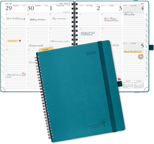 POPRUN 2026 Planner (Large - 8.5" x 10.5") with Hourly Schedule, Vertical Layout - 2026 Weekly Calendar (Jan. 2026 - Dec.2026) for Time Management, Monthly Tabs, Spiral Bound, Soft Cover - Pacific Green