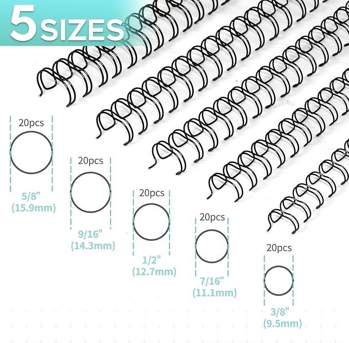 Rayson Double Loop Binding Wires, Mixed Sizes (3/8", 7/16", 1/2", 9/16", 5/8") 2:1 Pitch Wire Binding Spines, 21-Loop Black, Pack of 100
