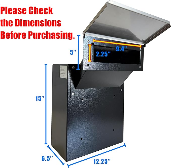 Through-The-Wall Drop Box with Rainproof Cover | Heavy Duty Through Wall Mailbox with 10-Inch Adjustable Chute | Rainproof Locking Drop Safe for Mail, Rent, Checks, Cash, and Keys, Black