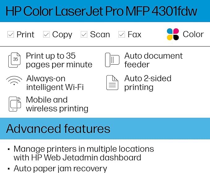 HP Color LaserJet Pro MFP 4301fdw Wireless All-in-One Color Laser Printer, Scanner, Copier, Fax, Best-for-Office